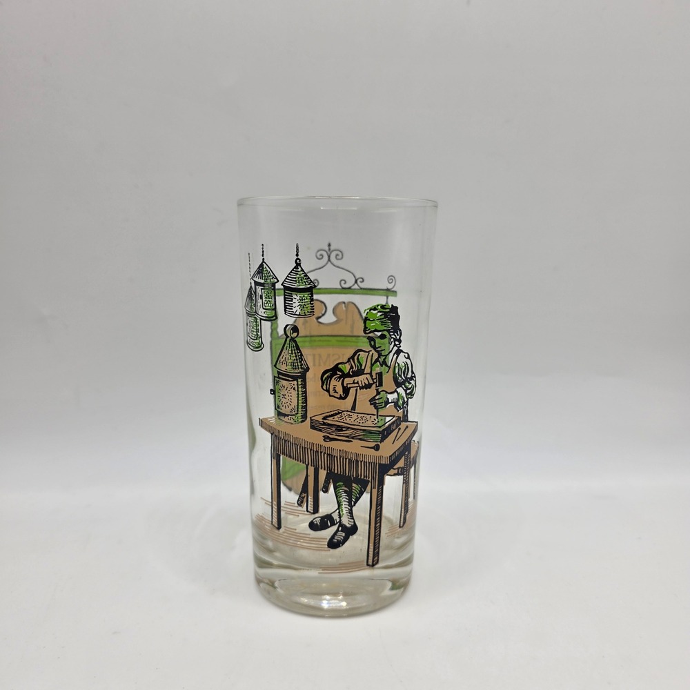Vintage Tinsmith Colonial Trades Highball Glass Green Tan Graphic Tumbler 5.5"‎